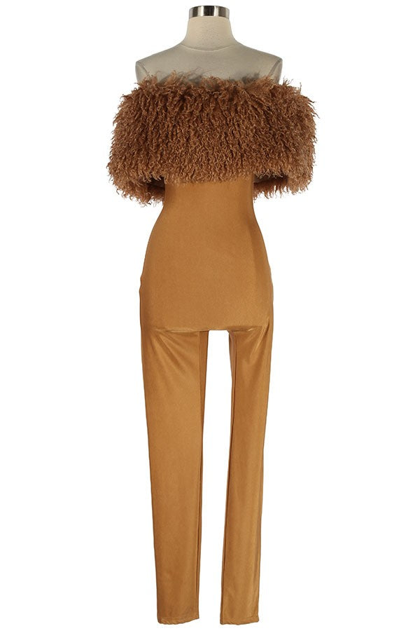 Women's camel off-shoulder faux fur trim fitted jumpsuit