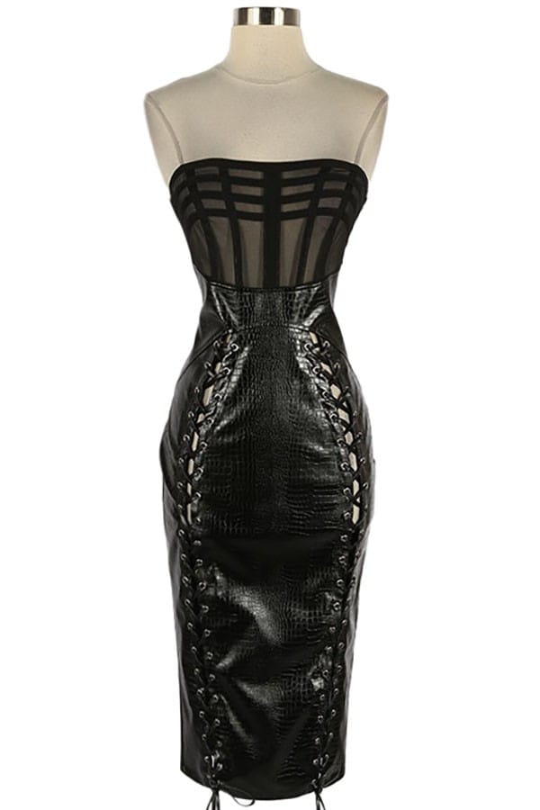 Women's Faux Leather Lace-Up Corset Midi Dress