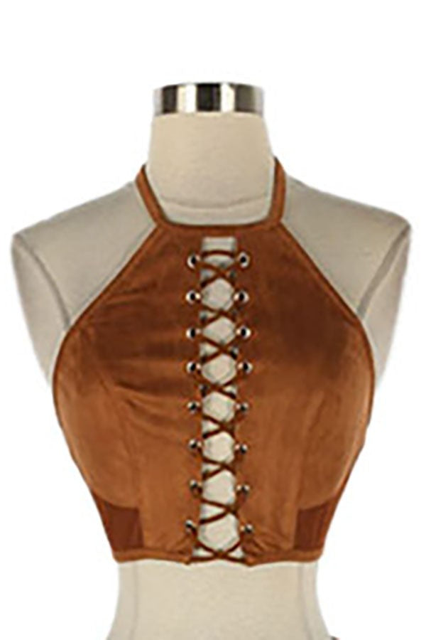Women's Faux Suede Lace-Up Halter Crop Top