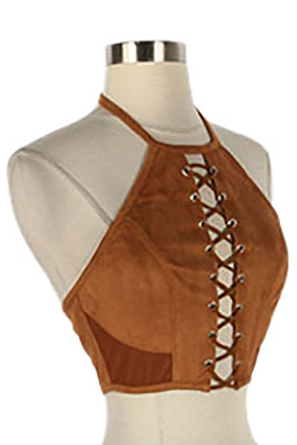 Women's Faux Suede Lace-Up Halter Crop Top - photo 2