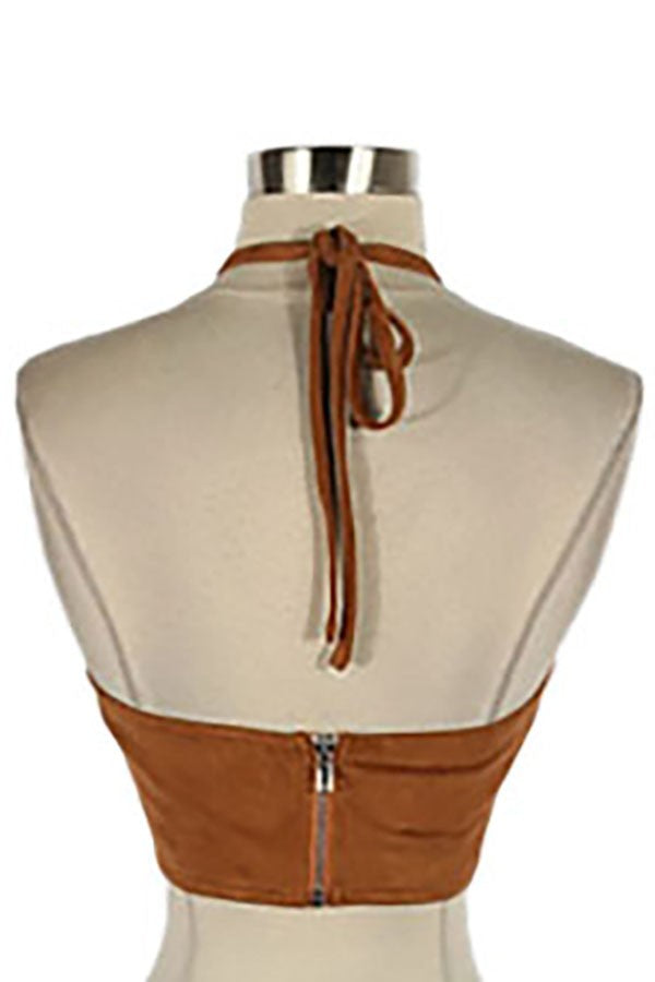 Women's Faux Suede Lace-Up Halter Crop Top - photo 3
