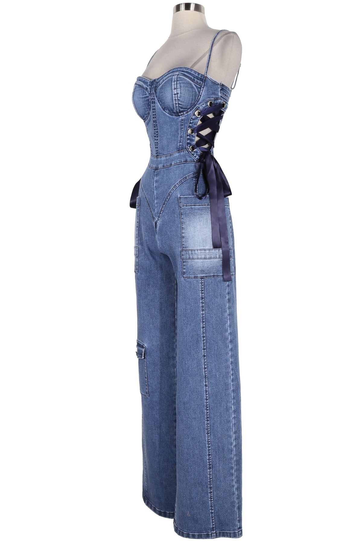 Women's Denim Strapless Corset Wide Leg Jumpsuit - photo 2