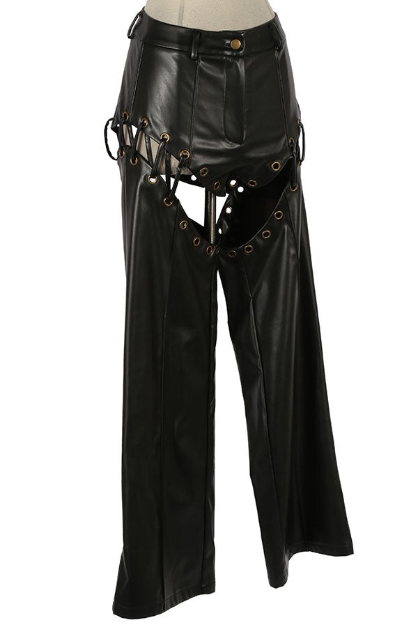 Women's Faux Leather Chain Cutout Wide Leg Pants - photo 2
