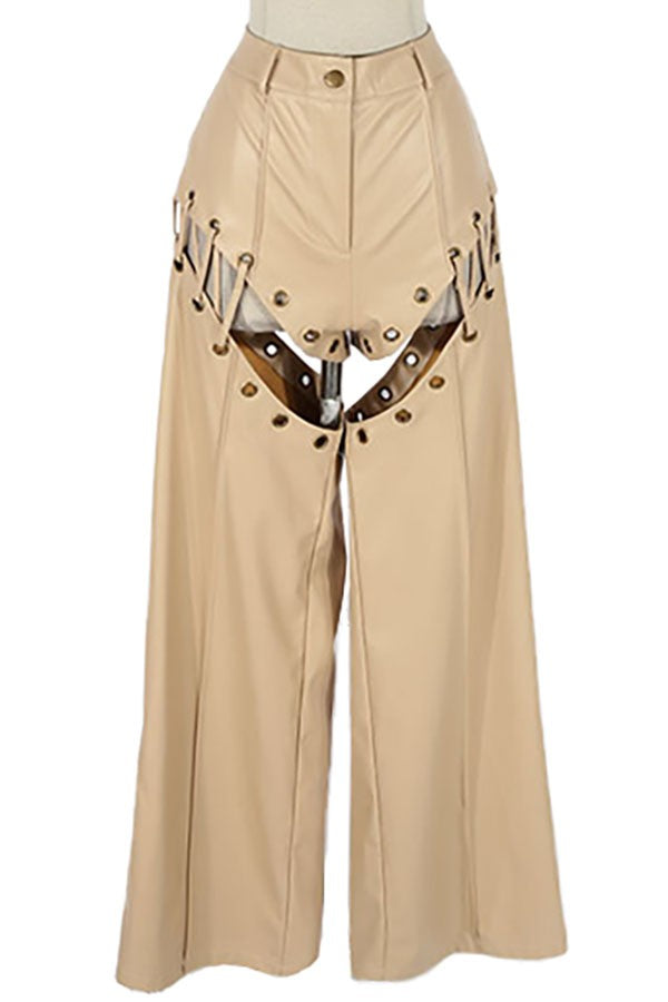 Women's Faux Leather Chain Cutout Wide Leg Pants