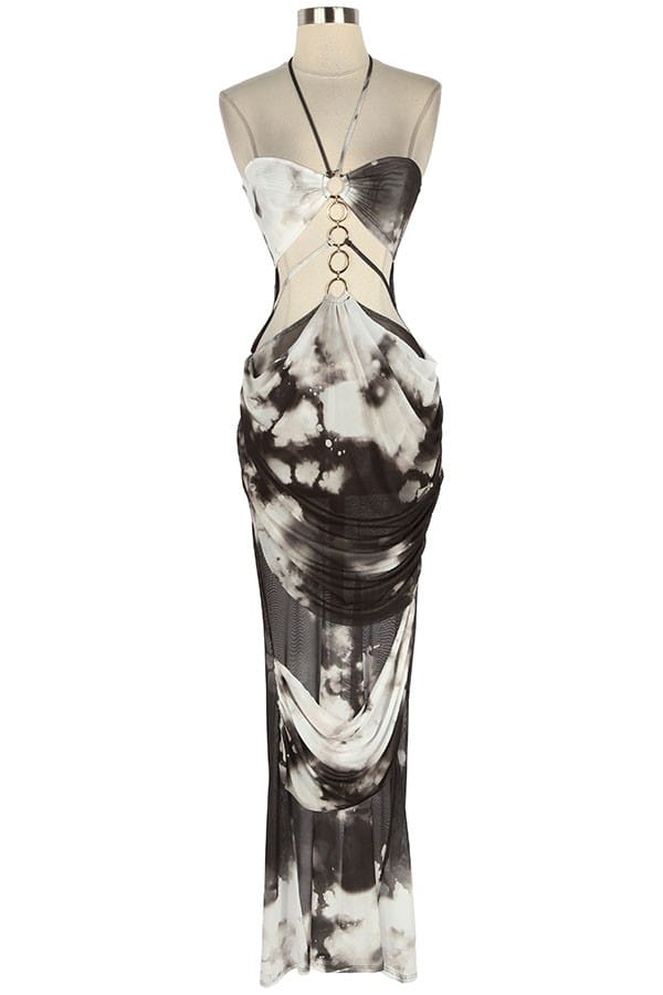 Women's Tie-Dye Print Halter Maxi Dress – Black