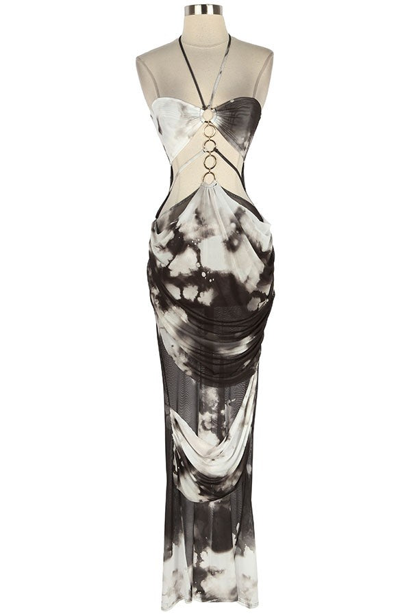 Women's Tie-Dye Print Halter Maxi Dress – Black