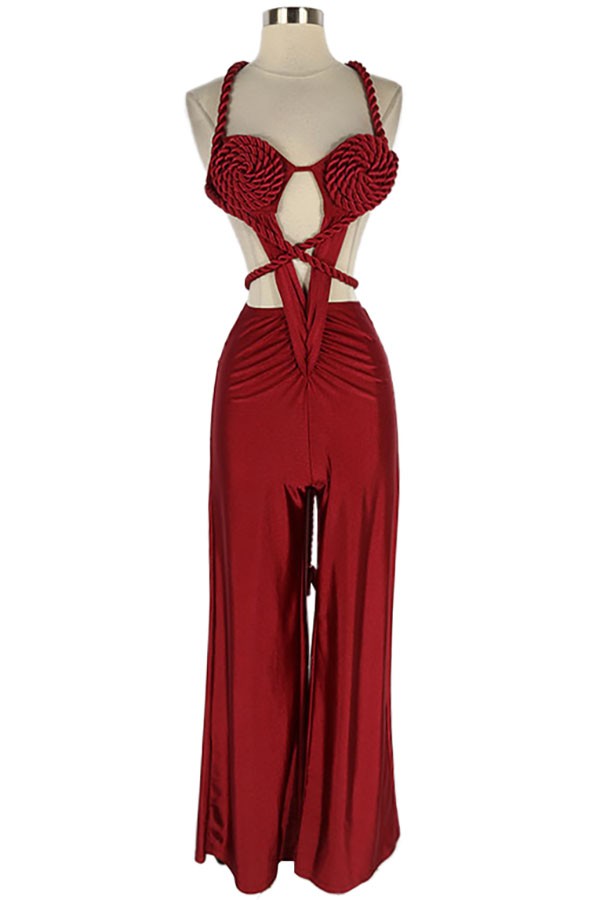 Women's Satin Halter Cutout Wide Leg Jumpsuit