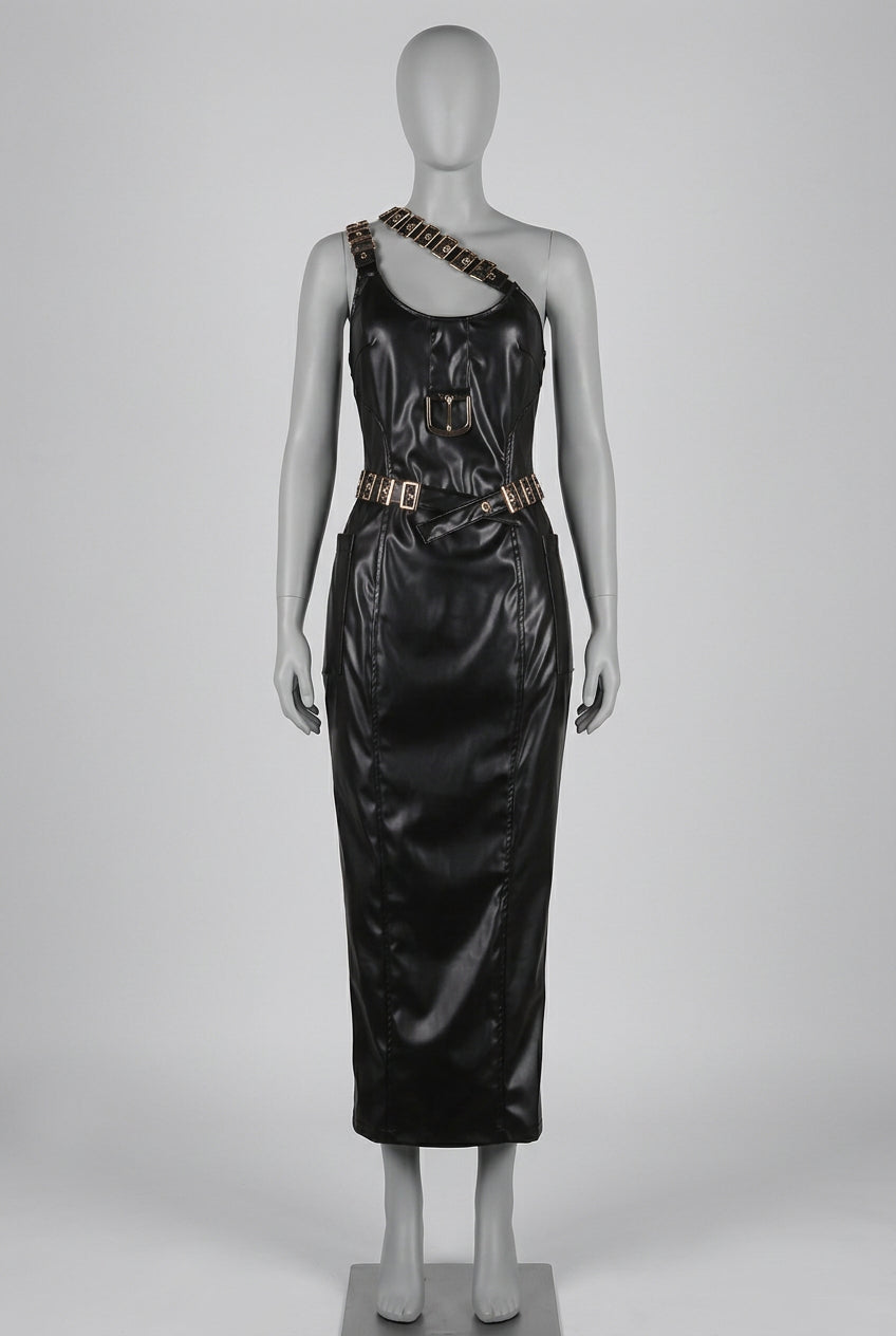 Women's Faux Leather One Shoulder Buckle Midi Dress