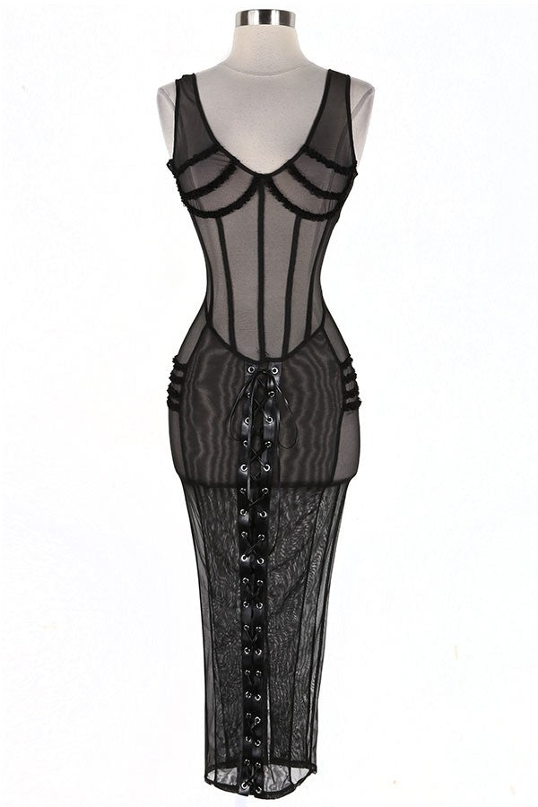 Women's Sheer Mesh Corset Midi Dress
