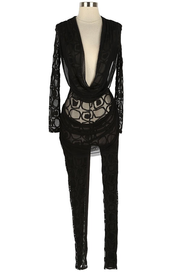 Women's Lace Plunge Long Sleeve Jumpsuit