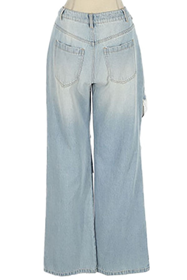 Women's Light Wash Distressed Cutout Wide Leg Jeans - photo 3