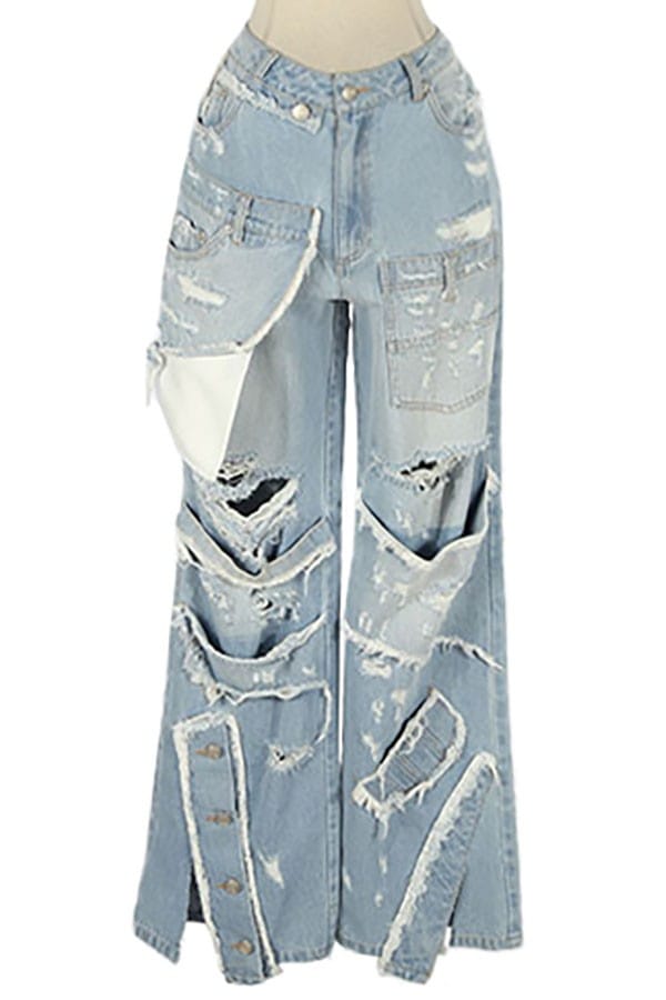 Women's Light Wash Distressed Cutout Wide Leg Jeans
