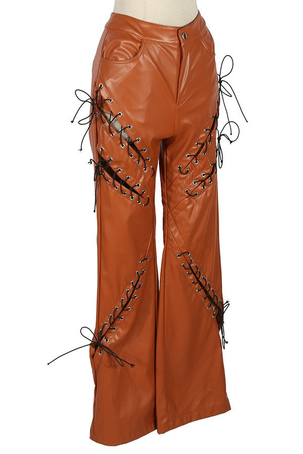 Women's Faux Leather Lace-Up Side Wide Leg Pants - photo 2