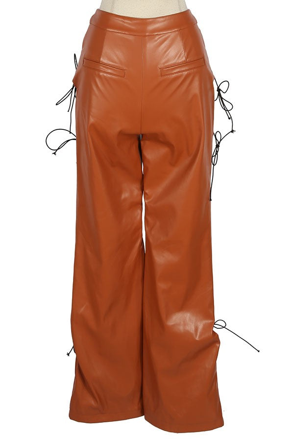 Women's Faux Leather Lace-Up Side Wide Leg Pants - photo 3