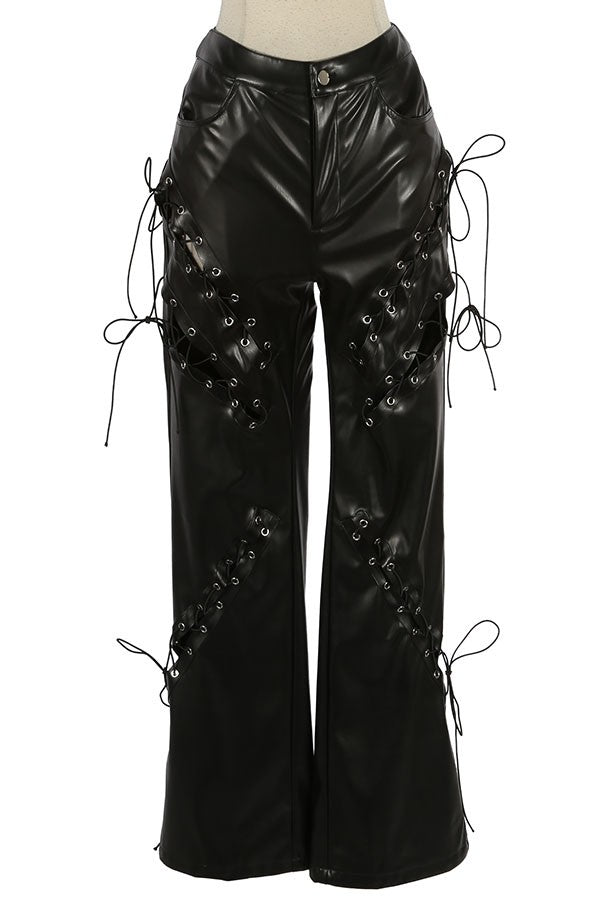 Women's Faux Leather Lace-Up Side Wide Leg Pants