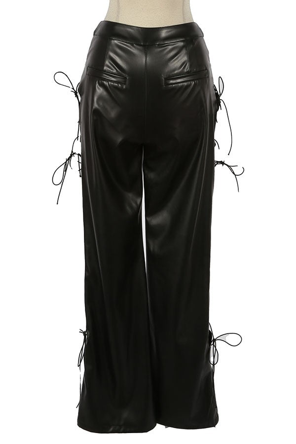 Women's Faux Leather Lace-Up Side Wide Leg Pants - photo 3