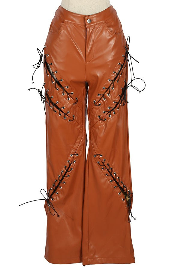 Women's Faux Leather Lace-Up Side Wide Leg Pants