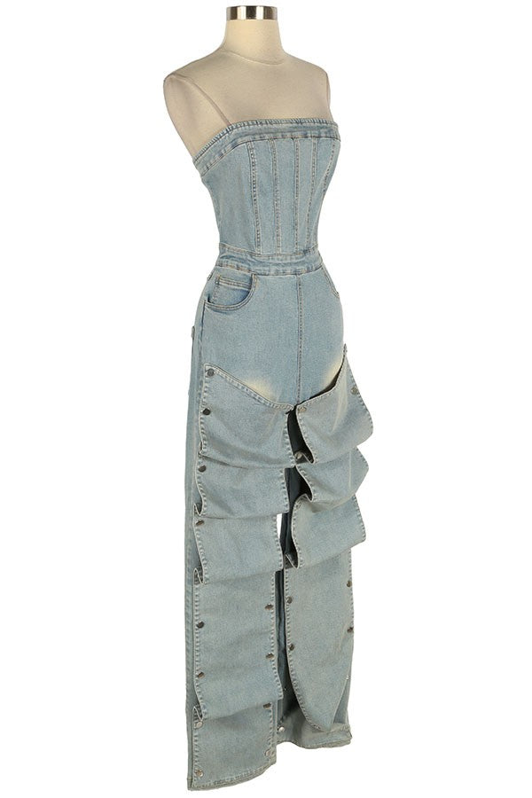 Women's Strapless Cargo Denim Jumpsuit - photo 2
