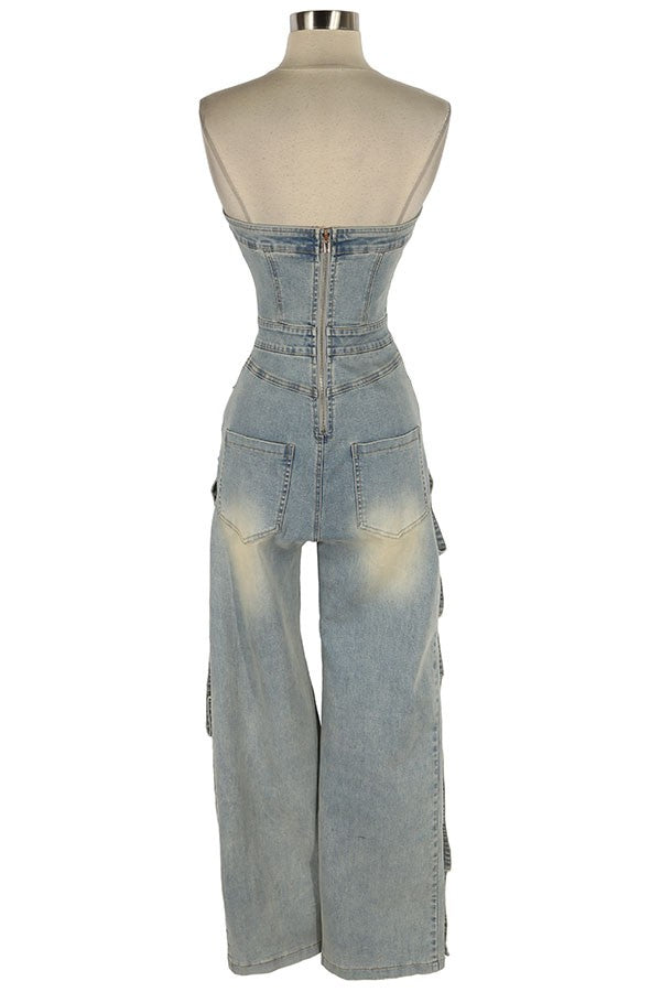 Women's Strapless Cargo Denim Jumpsuit - photo 3