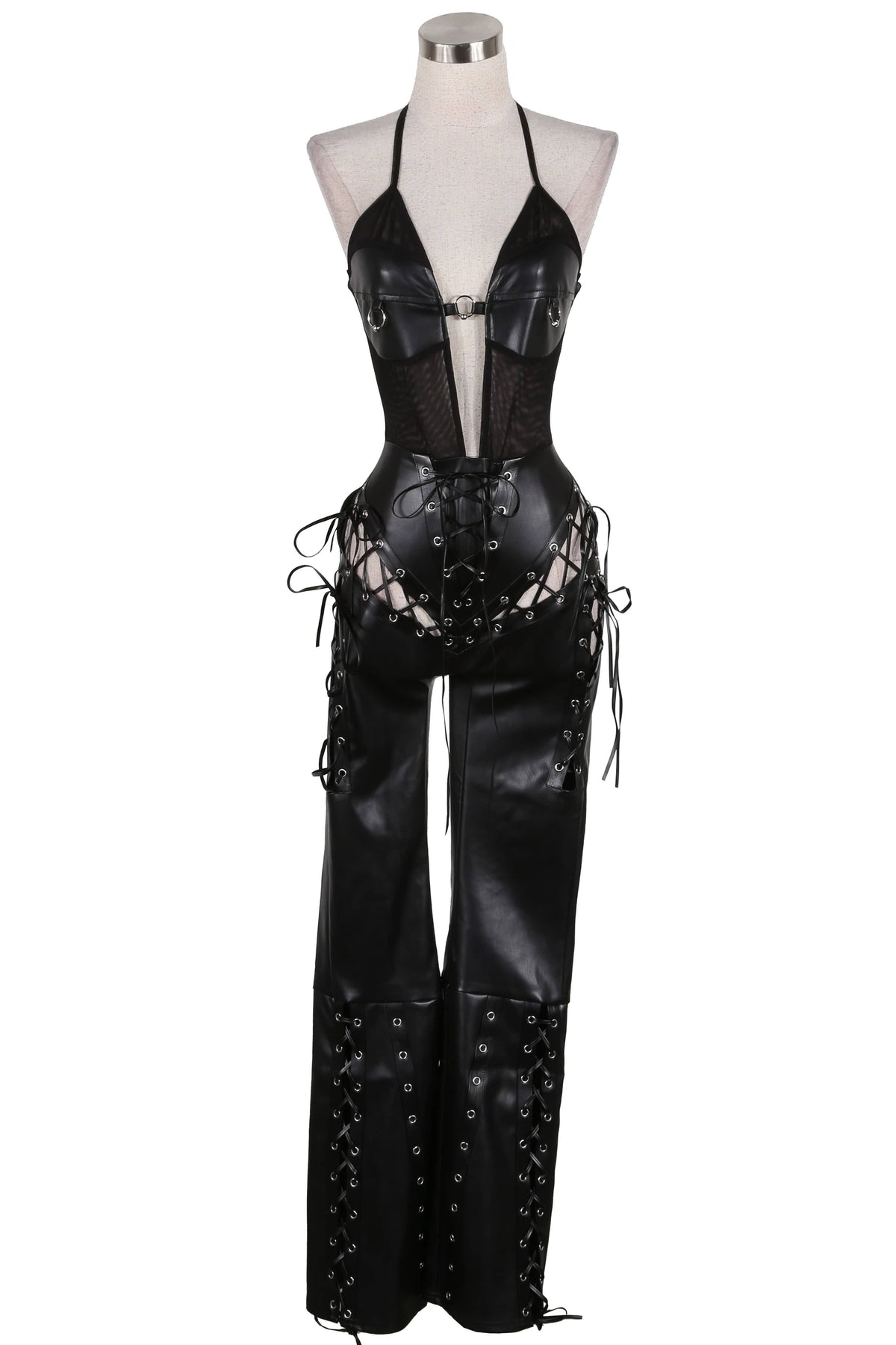 Women's Faux Leather Halter Lace-Up Side Jumpsuit