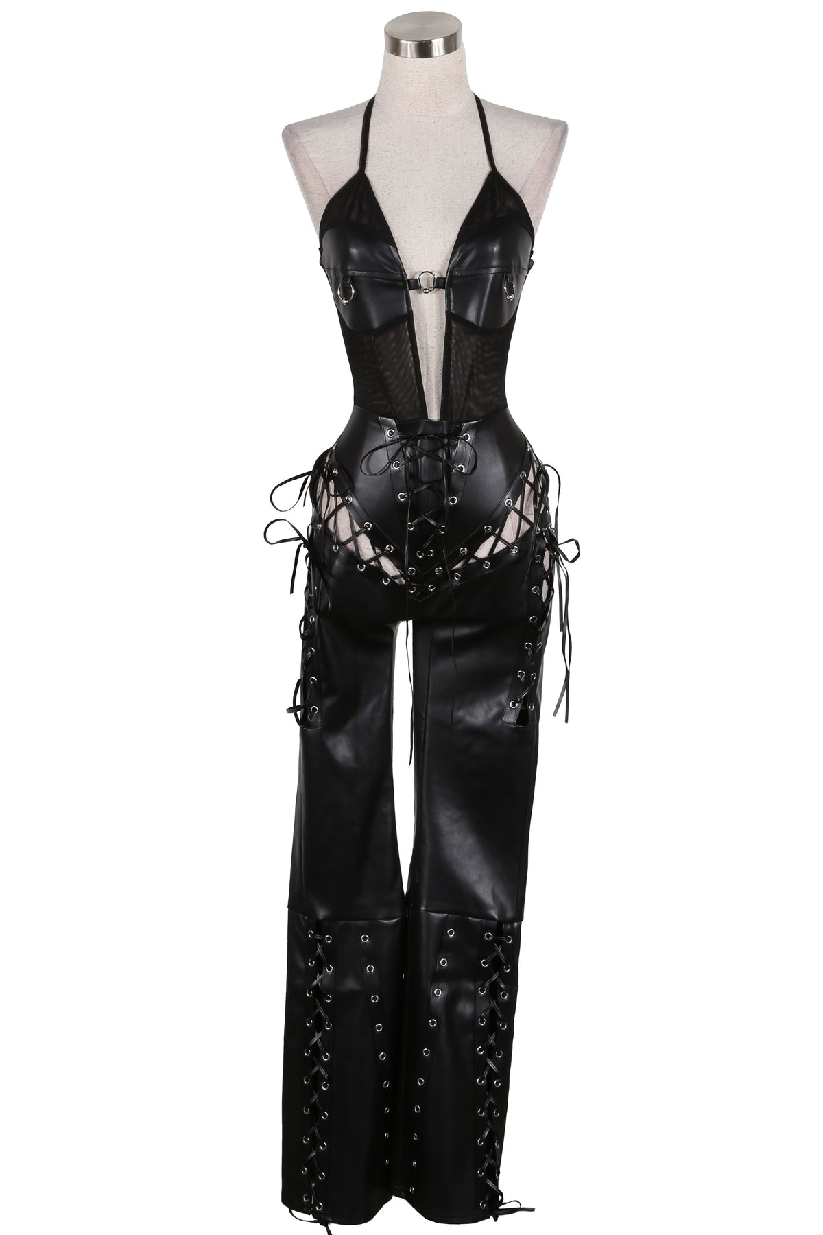Women's Faux Leather Halter Lace-Up Side Jumpsuit