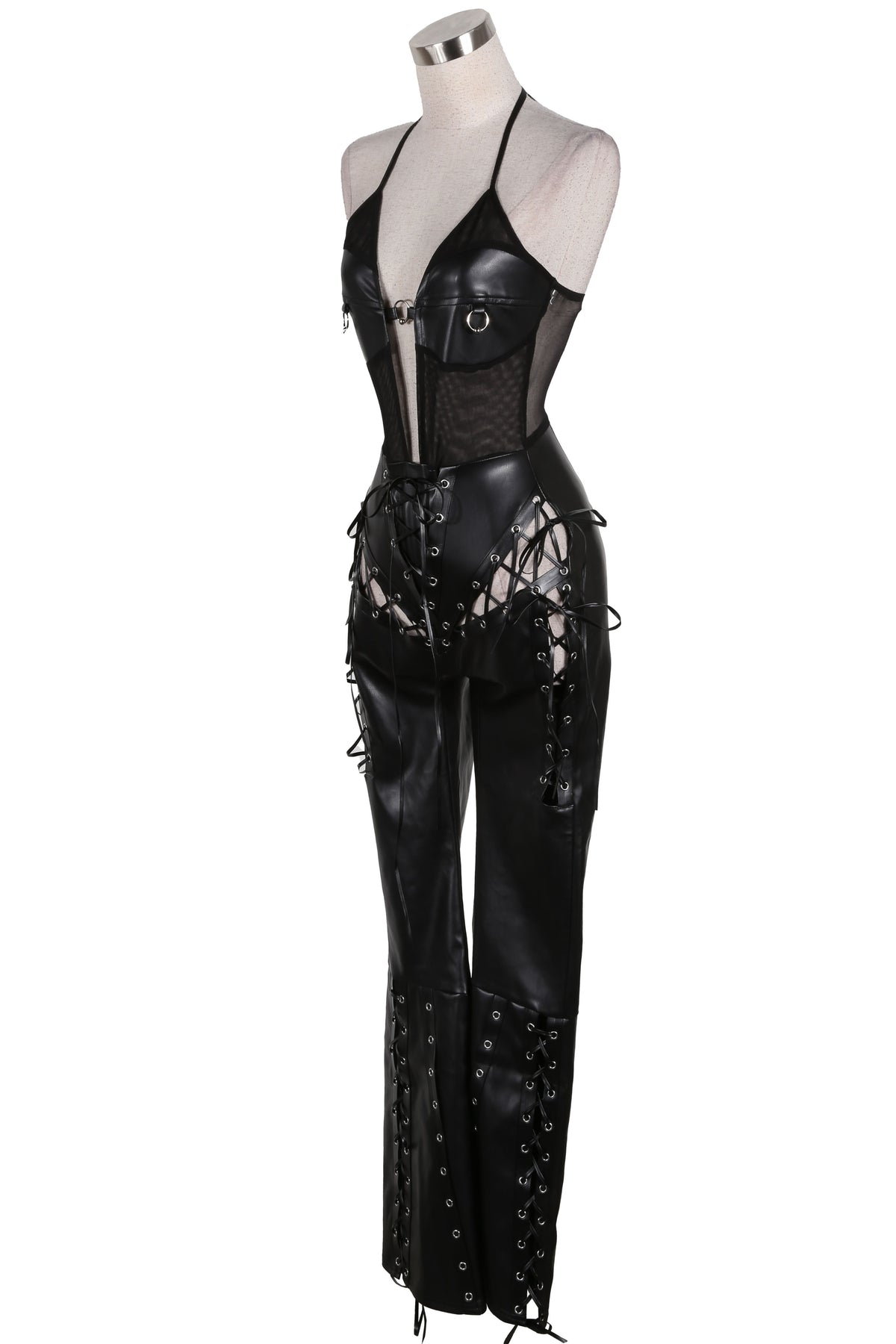 Women's Faux Leather Halter Lace-Up Side Jumpsuit - photo 2