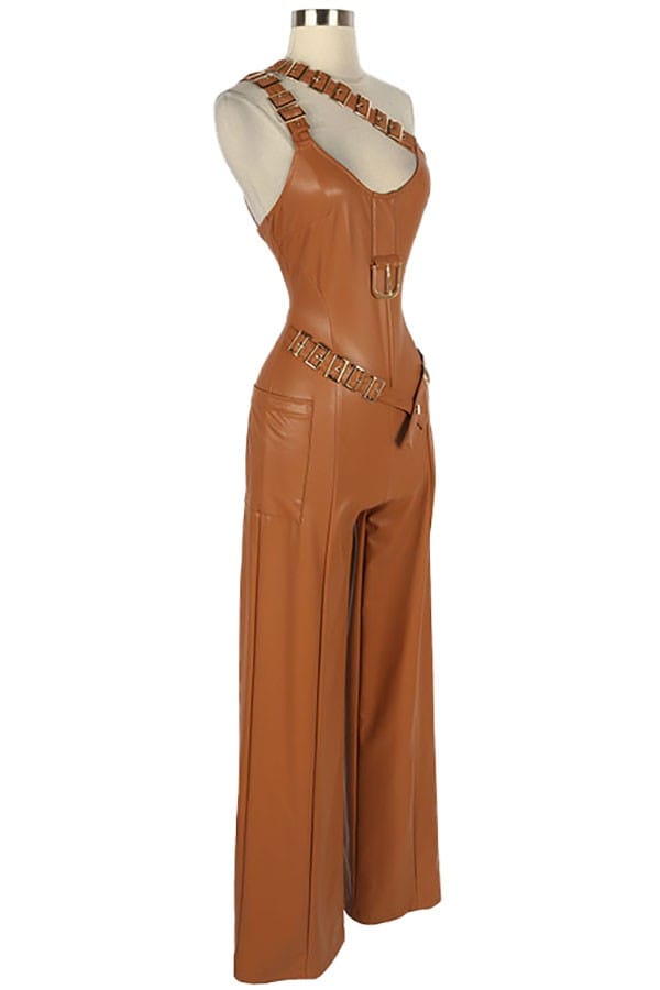 Women's Faux Leather One Shoulder Wide Leg Jumpsuit - photo 2