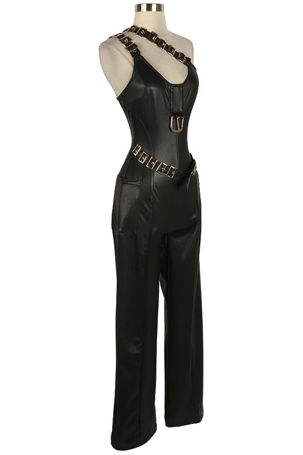Women's Faux Leather One Shoulder Wide Leg Jumpsuit - photo 2