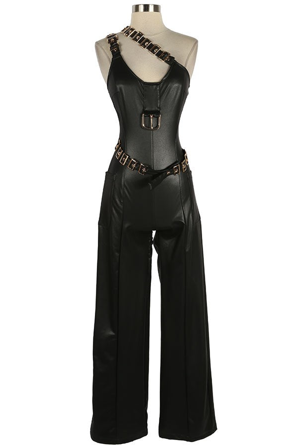 Women's Faux Leather One Shoulder Wide Leg Jumpsuit