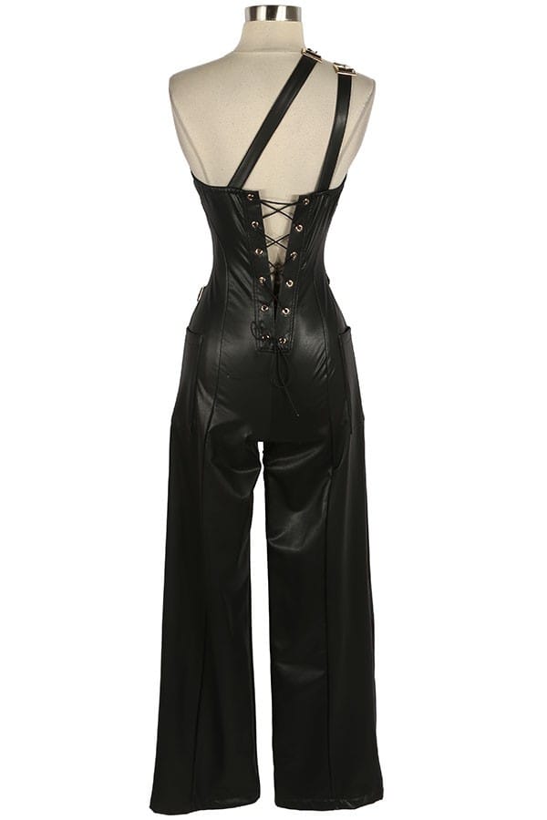 Women's Faux Leather One Shoulder Wide Leg Jumpsuit - photo 3