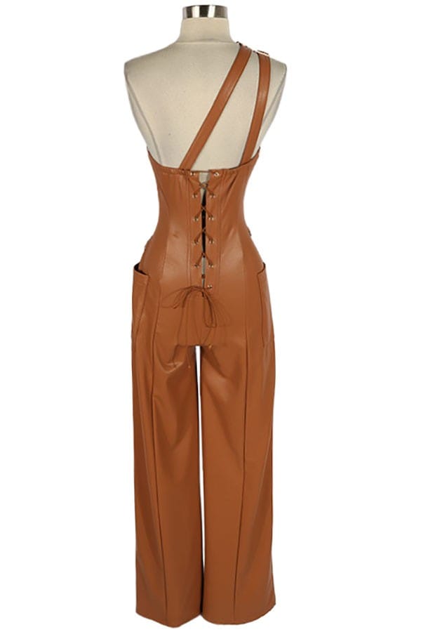 Women's Faux Leather One Shoulder Wide Leg Jumpsuit - photo 3