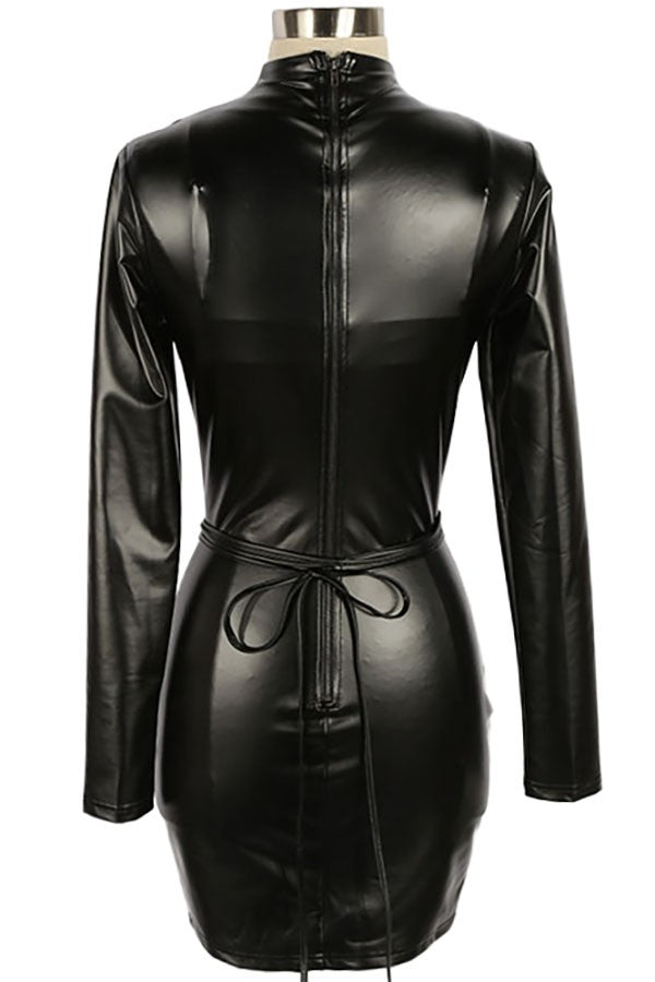 Women's Faux Leather Long Sleeve Lace-Up Cutout Mini Dress - photo 3