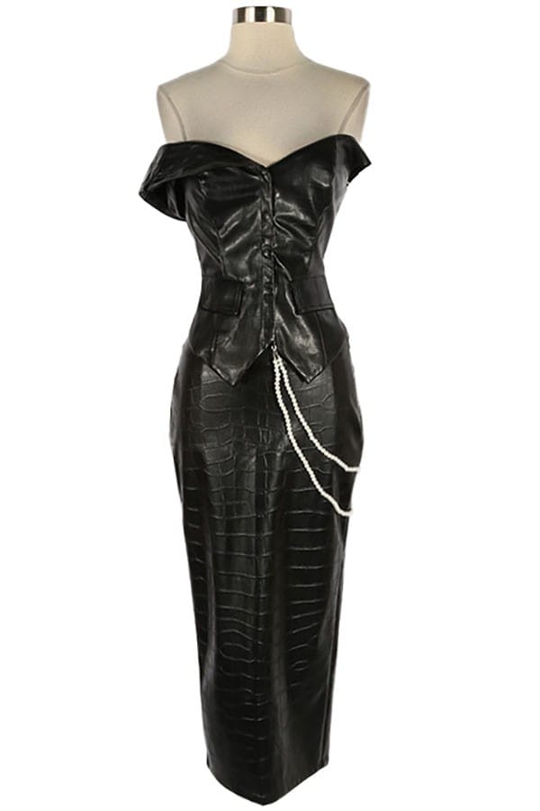 Women's Faux Leather Strapless Top & Chain Maxi Skirt Set