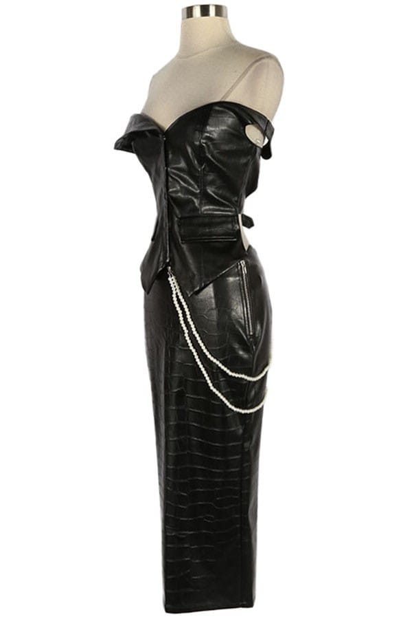 Women's Faux Leather Strapless Top & Chain Maxi Skirt Set - photo 2