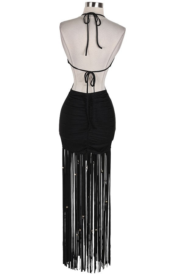 Women's Halter Cutout Fringe Maxi Dress - photo 3