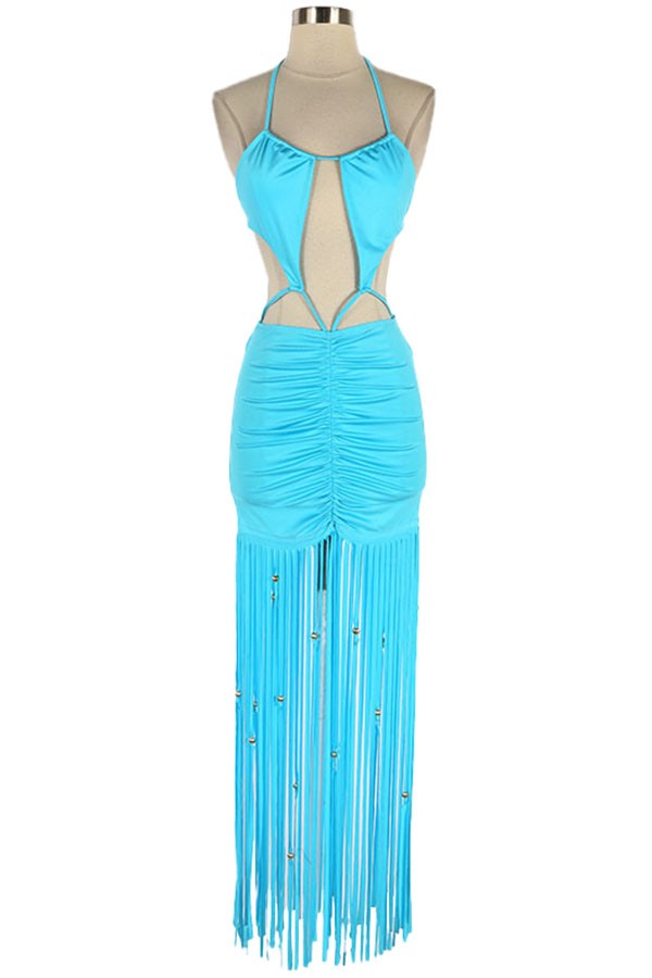 Women's Halter Cutout Fringe Maxi Dress