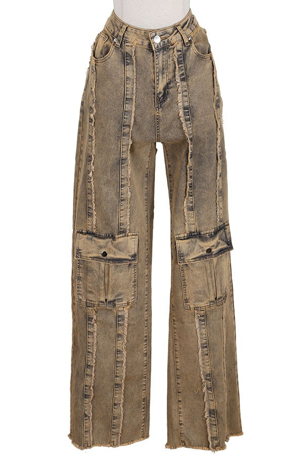 Women's Distressed Cargo Wide Leg Jeans – Brown Wash