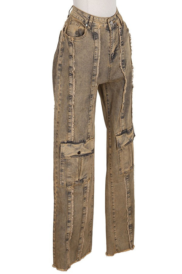 Women's Distressed Cargo Wide Leg Jeans – Brown Wash - photo 3