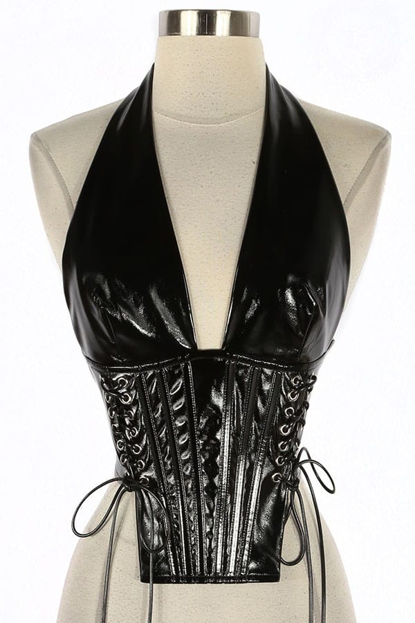 Women's Faux Leather Halter Lace-Up Corset Top