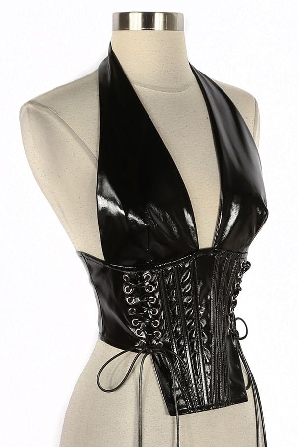 Women's Faux Leather Halter Lace-Up Corset Top - photo 2