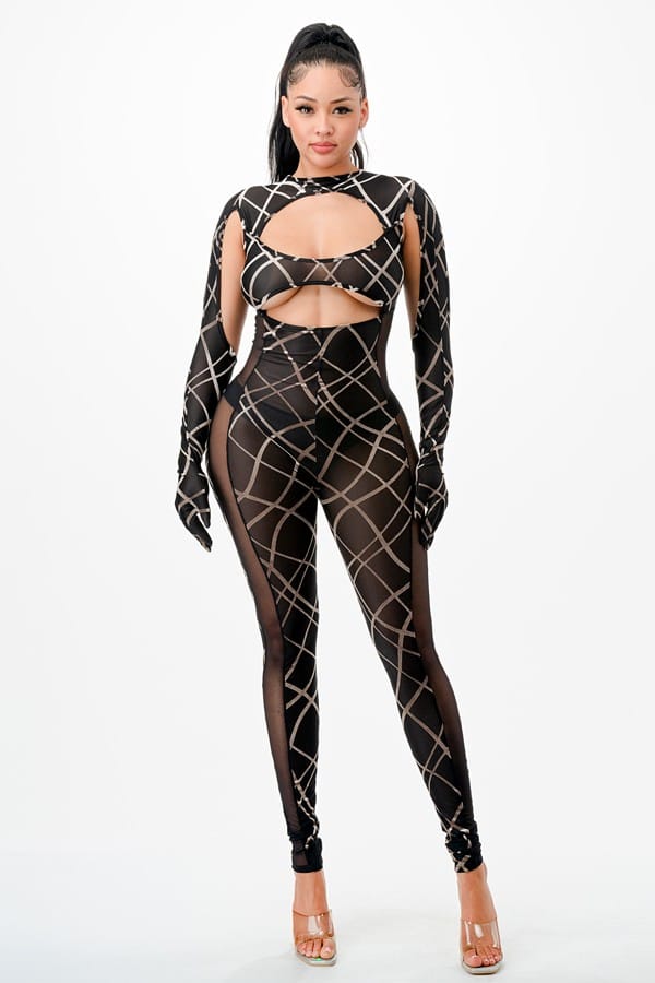 Women's Printed Mesh Long Sleeve Cutout Jumpsuit