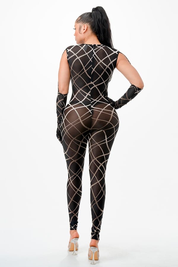 Women's Printed Mesh Long Sleeve Cutout Jumpsuit - photo 3