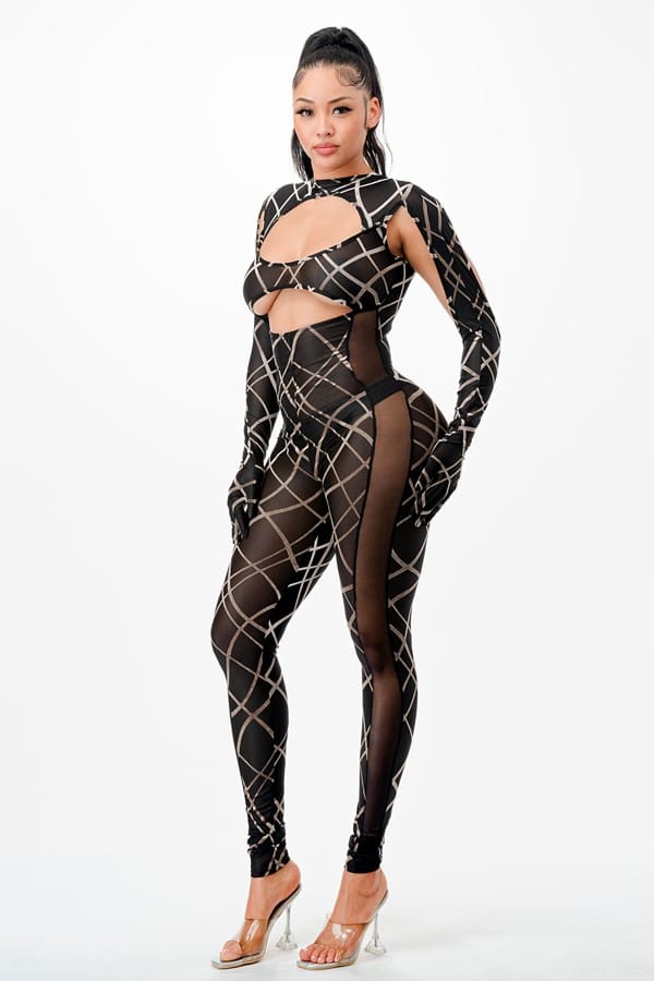 Women's Printed Mesh Long Sleeve Cutout Jumpsuit - photo 2