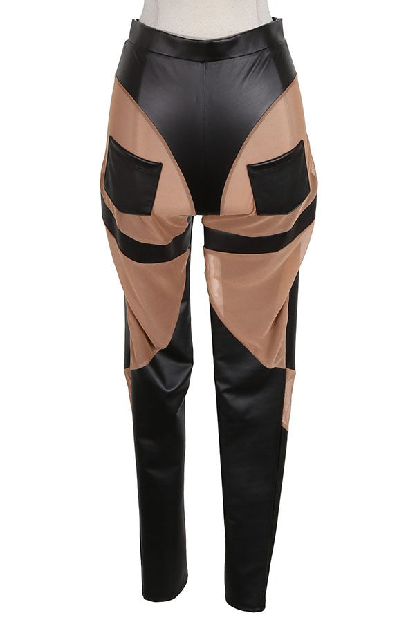 Women's Faux Leather Mesh Panel Pants - photo 3