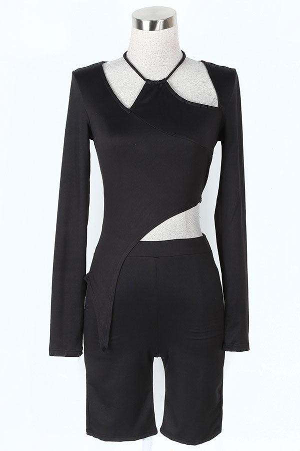 Women's Long Sleeve Cutout Crop Top & Biker Shorts Set