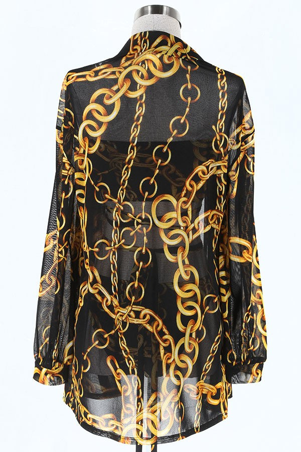 Women's Chain Print Blouse, Bralette & Shorts 3-Piece Set - photo 3
