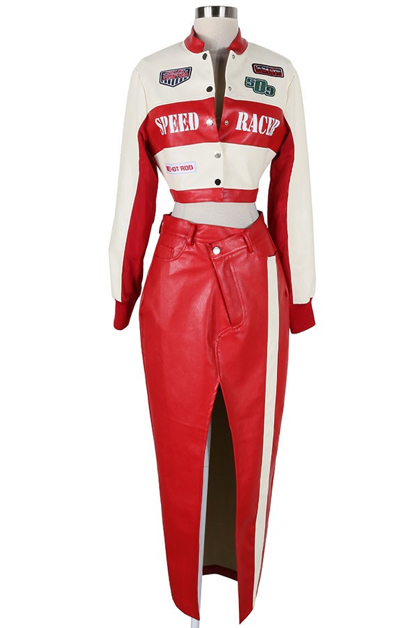 Women's Faux Leather Racer Crop Top & Slit Maxi Skirt Set