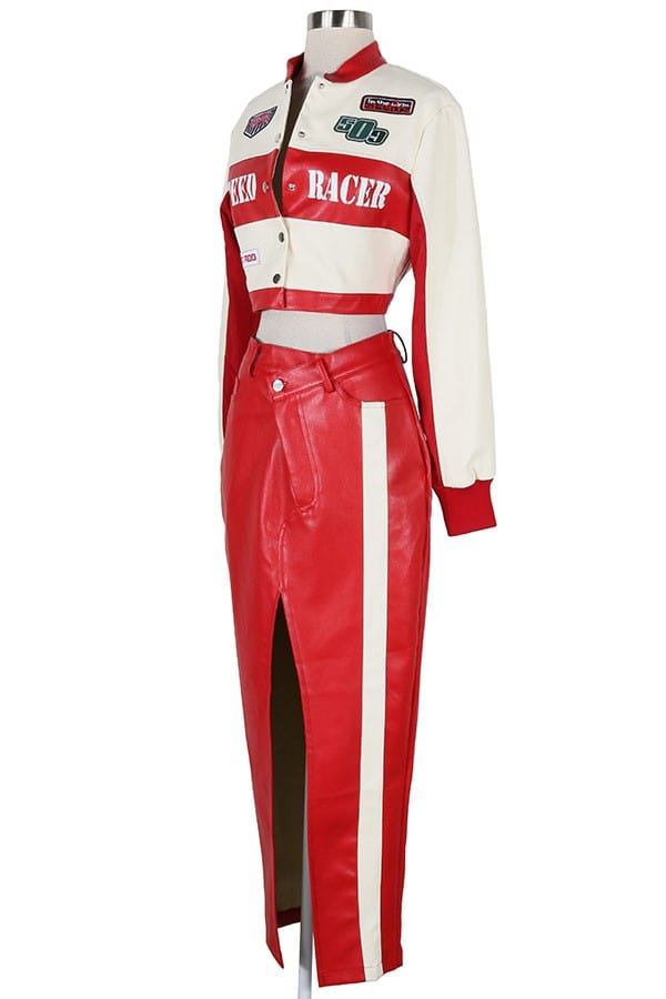 Women's Faux Leather Racer Crop Top & Slit Maxi Skirt Set - photo 2