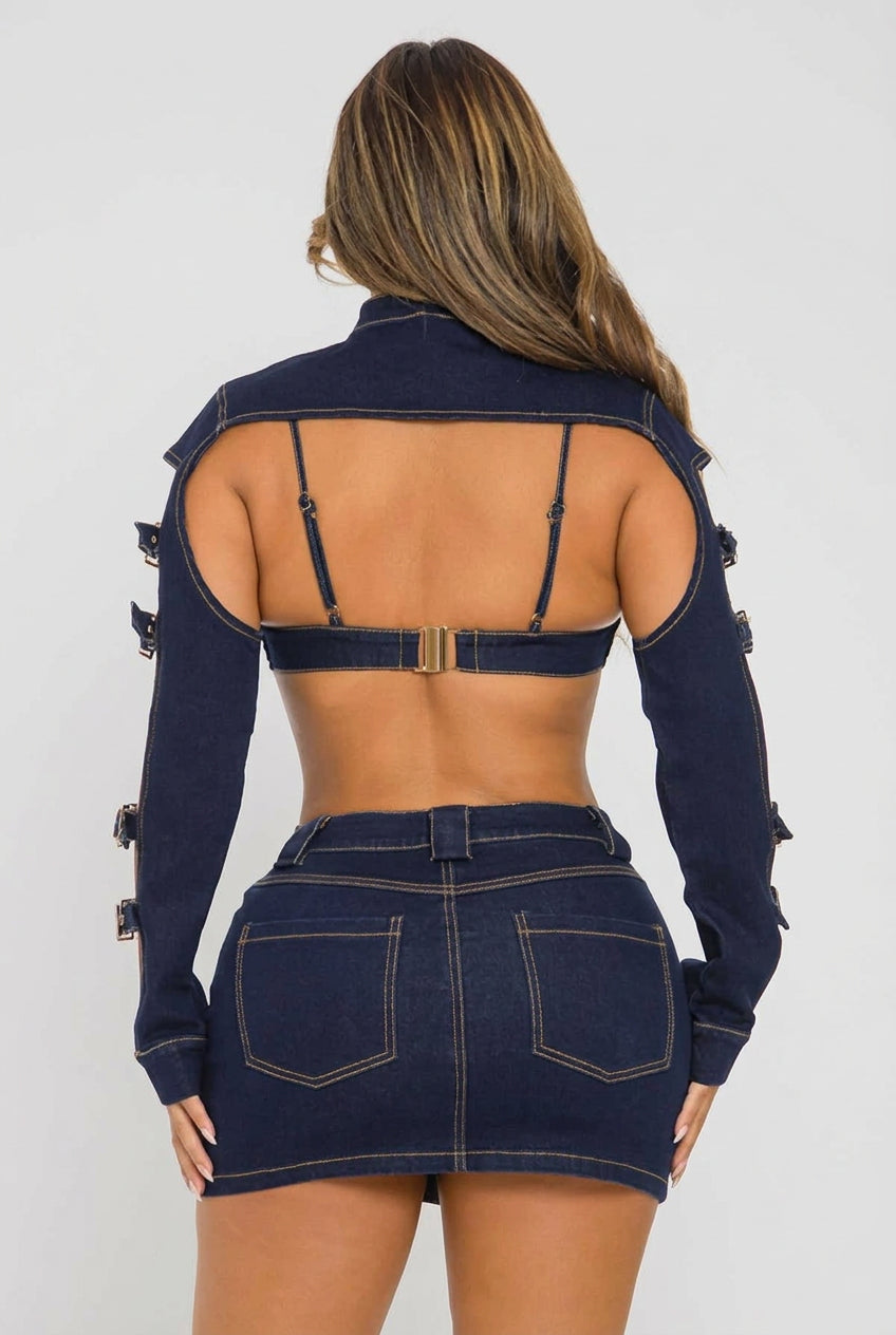 Women's Denim Bra Top & Shorts Set with Arm Sleeves - photo 3