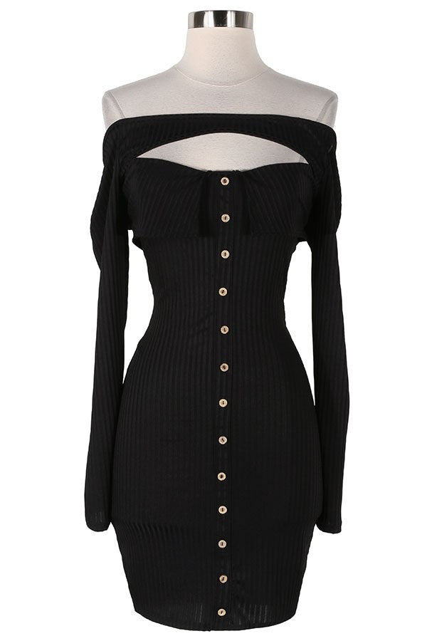 Women's Ribbed Off-Shoulder Cutout Button Front Mini Dress